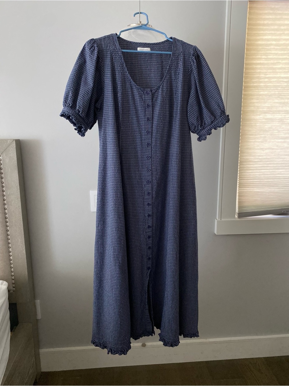 Navy Gingham Button-Front Midi Dress with Puff Sleeves